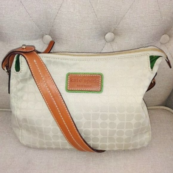 Like New Kate Spade Leather Trim Canvas Shoulder Bag in Cream/Green/Brown - Picture 1 of 11